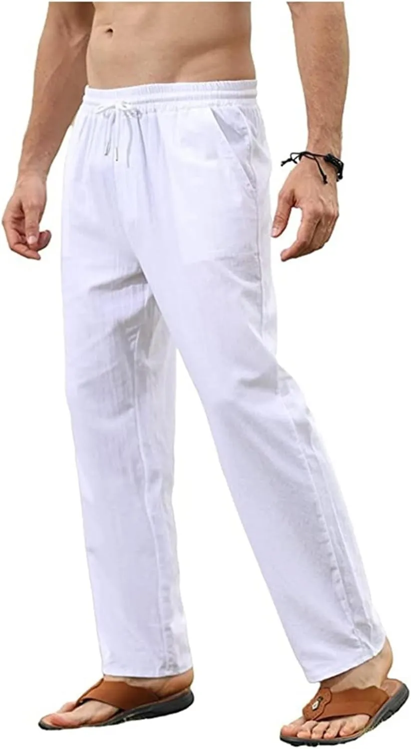 evzosrz Mens Linen Cotton Pants Casual Slim Fit Joggers Athletic Workout Solid Elastic Trousers Fall Beach Vacation Pant
