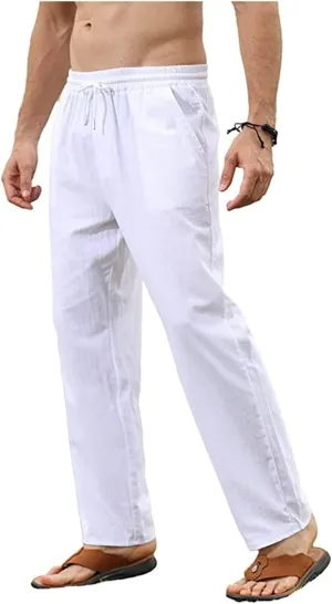 evzosrz Mens Linen Cotton Pants Casual Slim Fit Joggers Athletic Workout Solid Elastic Trousers Fall Beach Vacation Pant