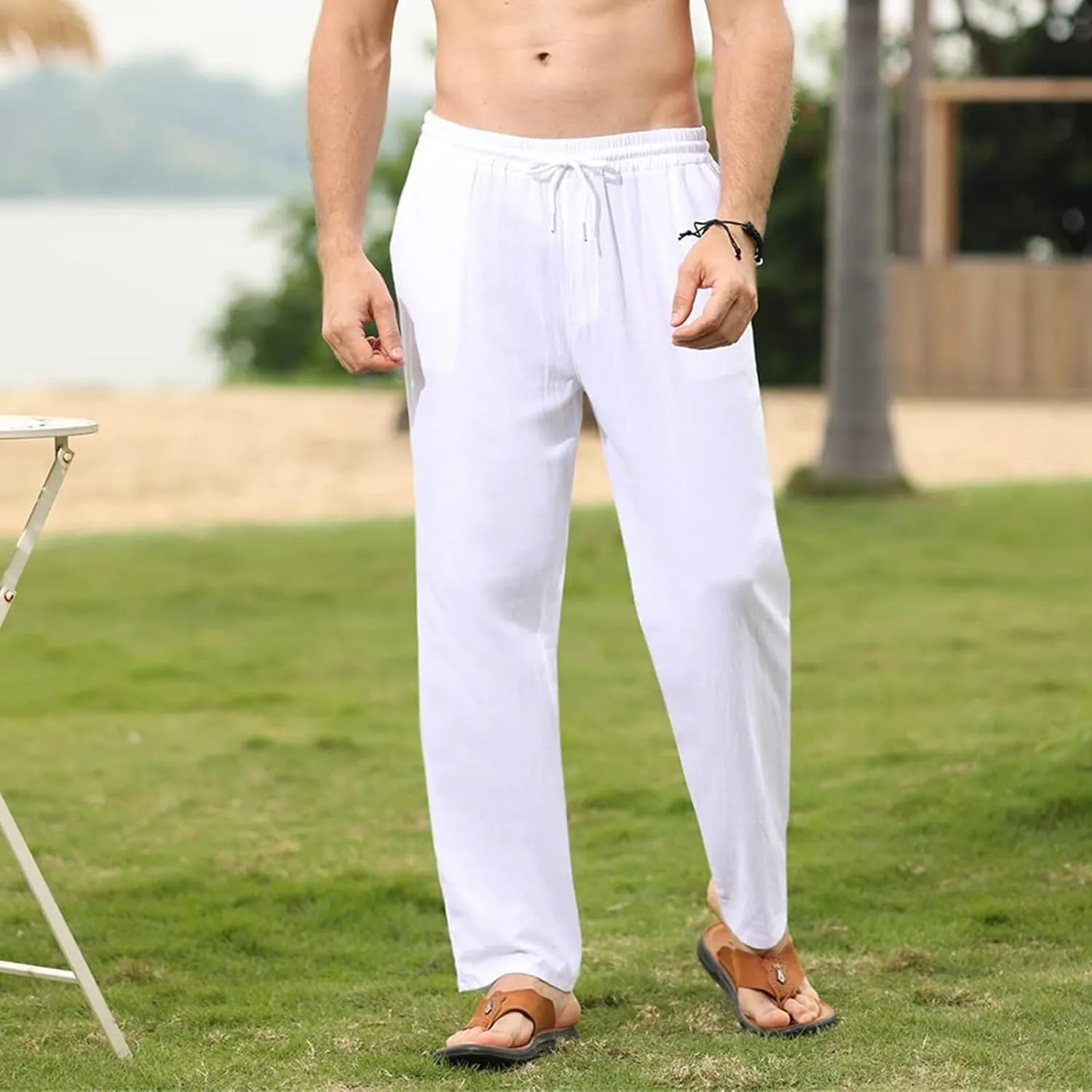 evzosrz Mens Linen Cotton Pants Casual Slim Fit Joggers Athletic Workout Solid Elastic Trousers Fall Beach Vacation Pant