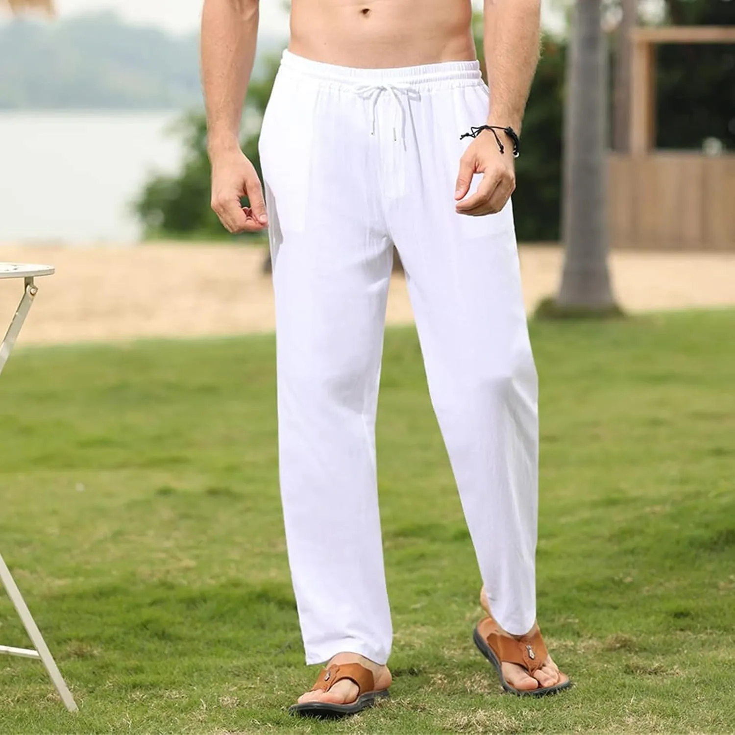 evzosrz Mens Linen Cotton Pants Casual Slim Fit Joggers Athletic Workout Solid Elastic Trousers Fall Beach Vacation Pant