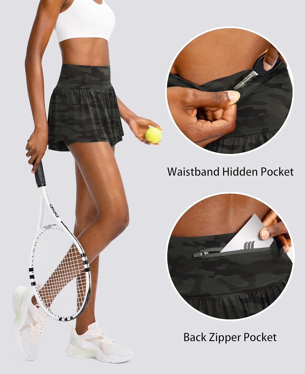 Flowy Running Shorts for Women with 4 Pockets 2 in 1 High Waisted Women's Butterfly Workout Athletic Tennis Skirt Shorts
