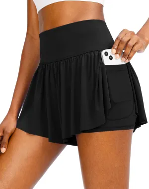 Flowy Running Shorts for Women with 4 Pockets 2 in 1 High Waisted Women's Butterfly Workout Athletic Tennis Skirt Shorts