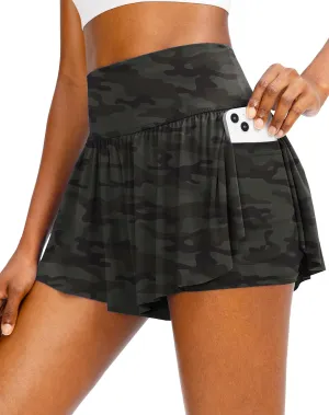 Flowy Running Shorts for Women with 4 Pockets 2 in 1 High Waisted Women's Butterfly Workout Athletic Tennis Skirt Shorts