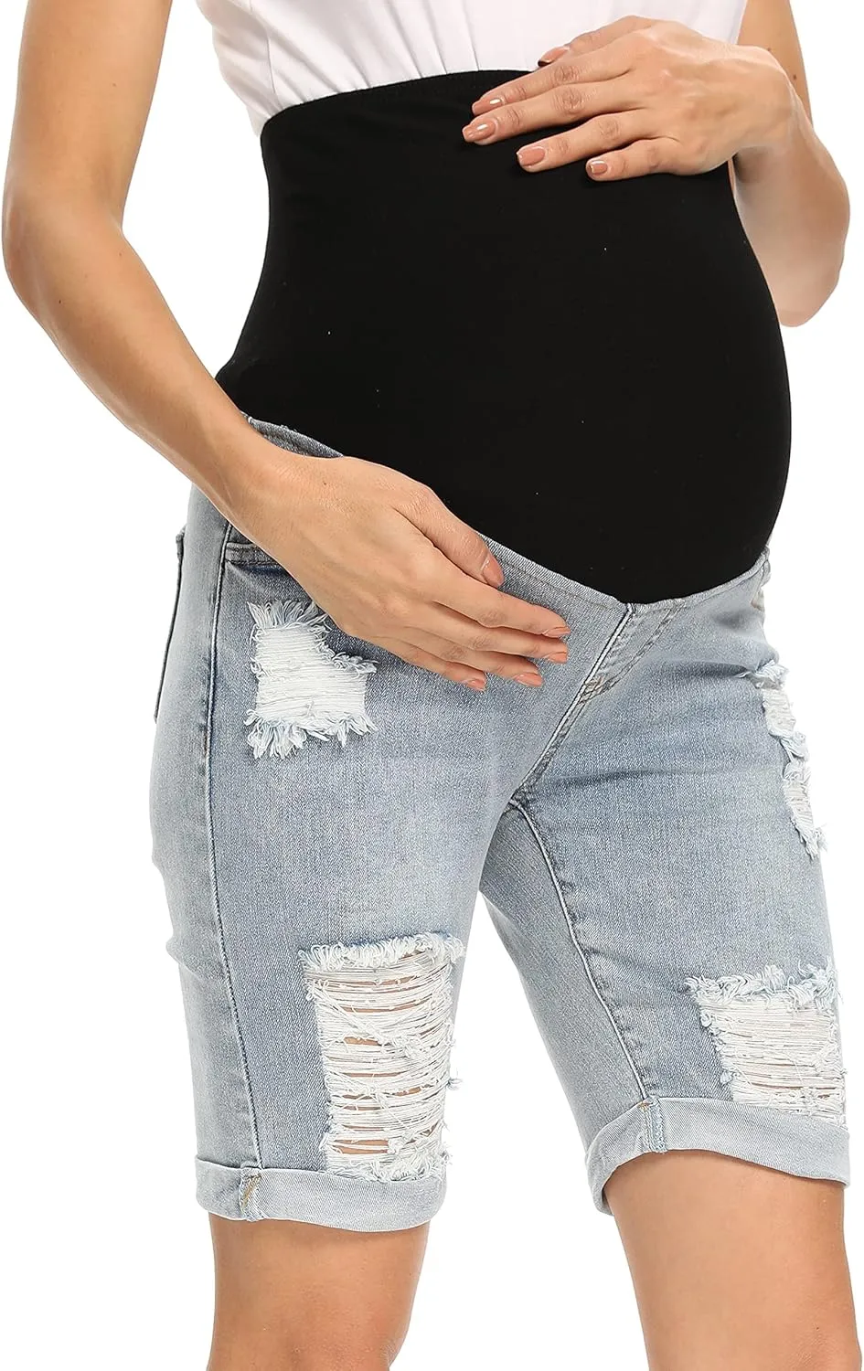 Foucome Women's Materntiy Denim Shorts Over The Belly Comfy Stretch Bermuda Jean Shorts