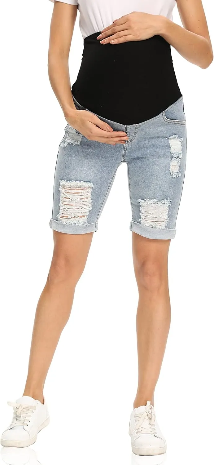 Foucome Women's Materntiy Denim Shorts Over The Belly Comfy Stretch Bermuda Jean Shorts