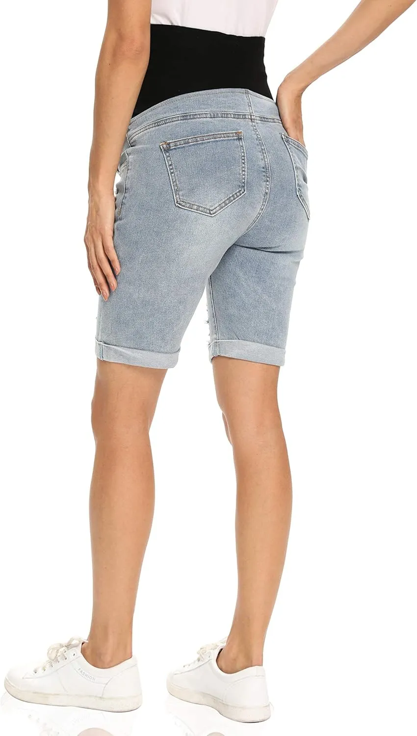 Foucome Women's Materntiy Denim Shorts Over The Belly Comfy Stretch Bermuda Jean Shorts