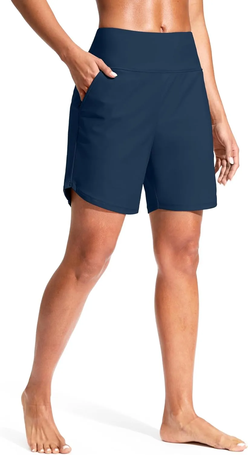 G Gradual Women's 7" Quick Dry Swim Board Shorts Swimming Bottoms High Waisted Beach Shorts for Women with Liner Pockets