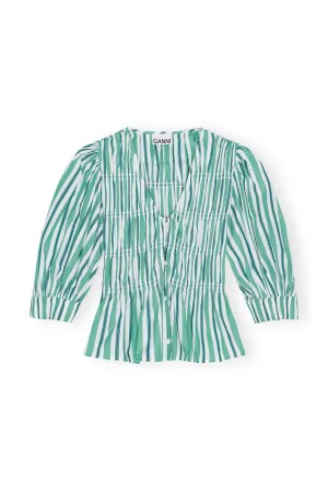 Ganni Green Striped V-Neckline Fitted Blouse