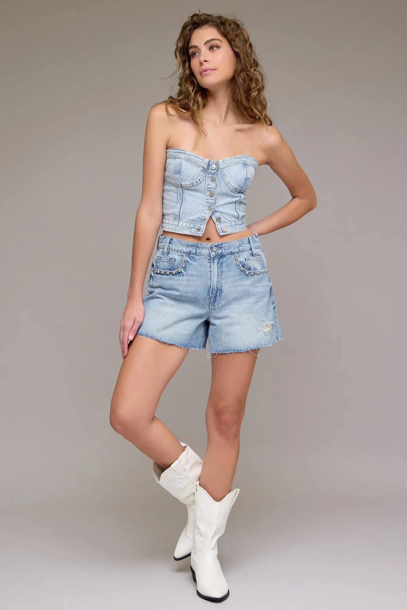  Hidden Jeans Pearl Embellished Medium Wash Shorts