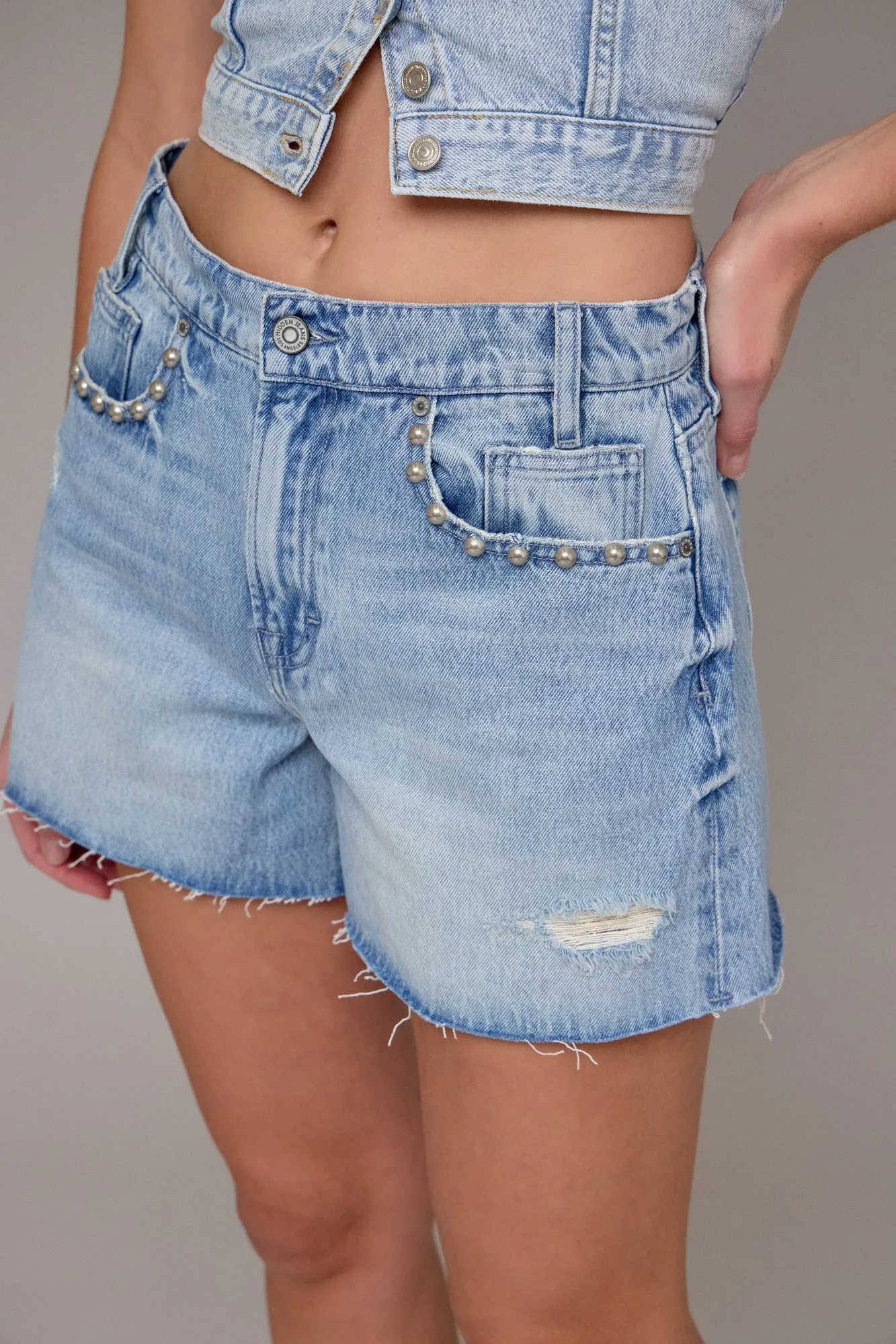  Hidden Jeans Pearl Embellished Medium Wash Shorts