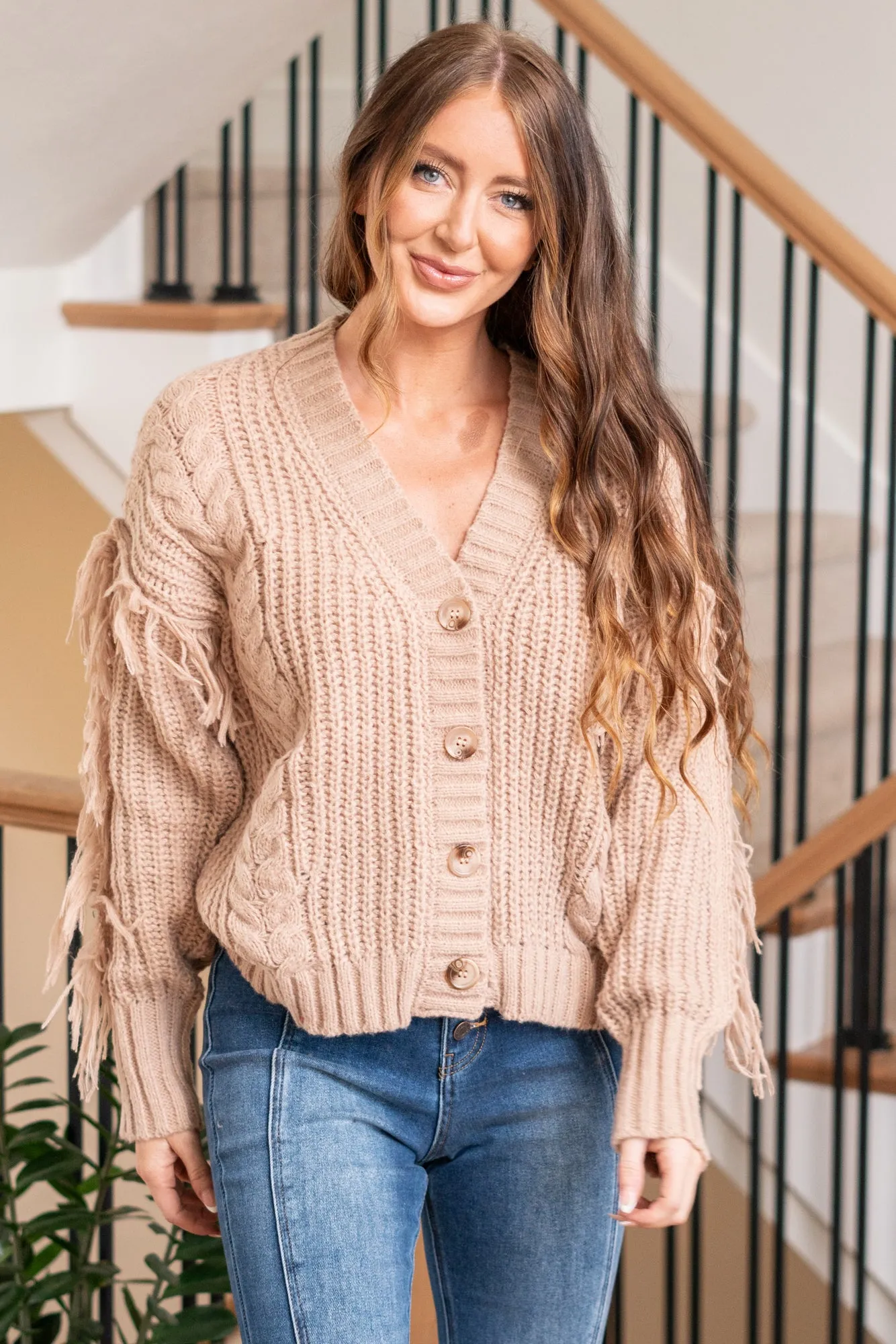 Jess Fringe Trimmed Front Button Closure Cardigan  - Taupe