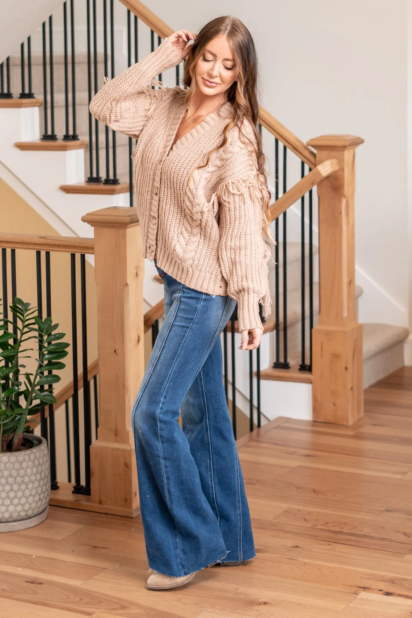 Jess Fringe Trimmed Front Button Closure Cardigan  - Taupe