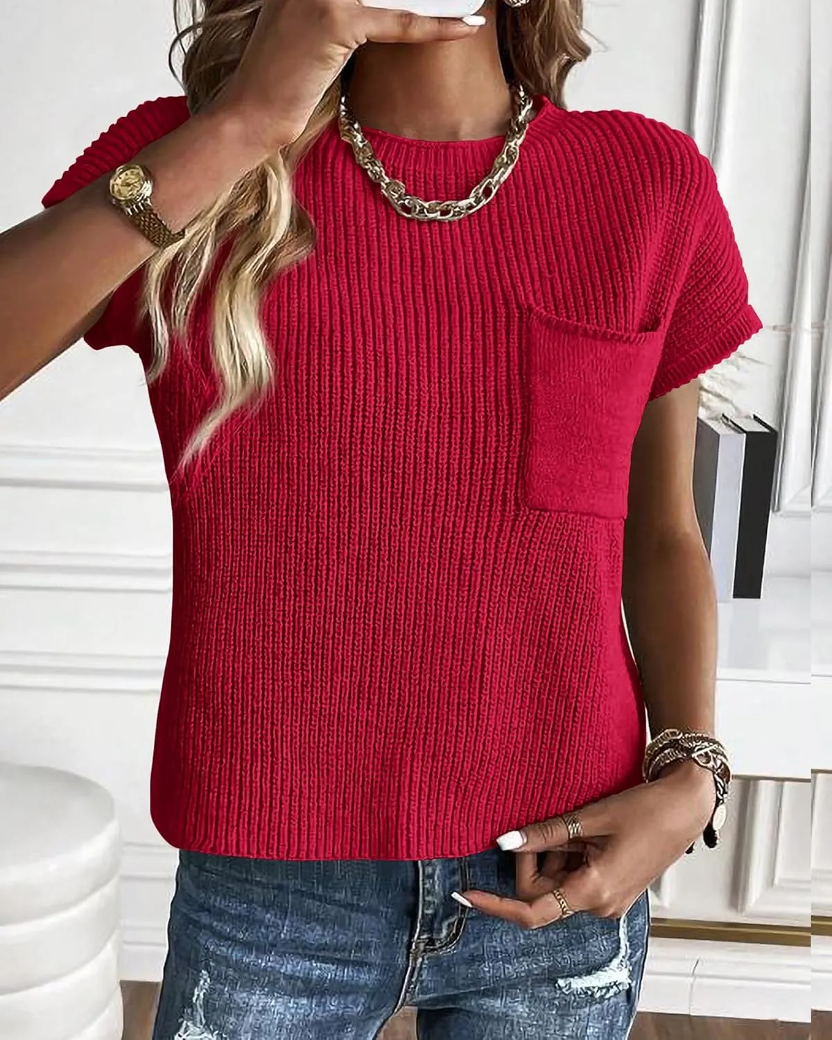 KIRUNDO Short Sleeve Sweater for Women 2025 Casual Sweater Vest Cotton Knit Pullover Tank Tops Trendy Spring Summer Outfits