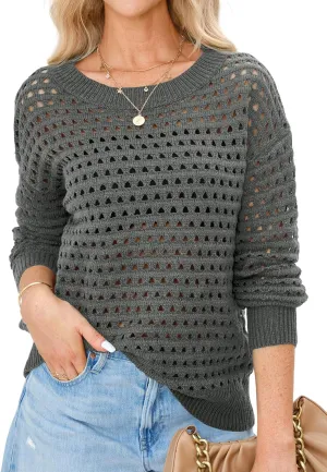Langwyqu Womens Oversized Crochet Sweaters Trendy Sexy Knit Cotton Crew Neck Long Sleeve Hollow Out Pullover Cover Ups