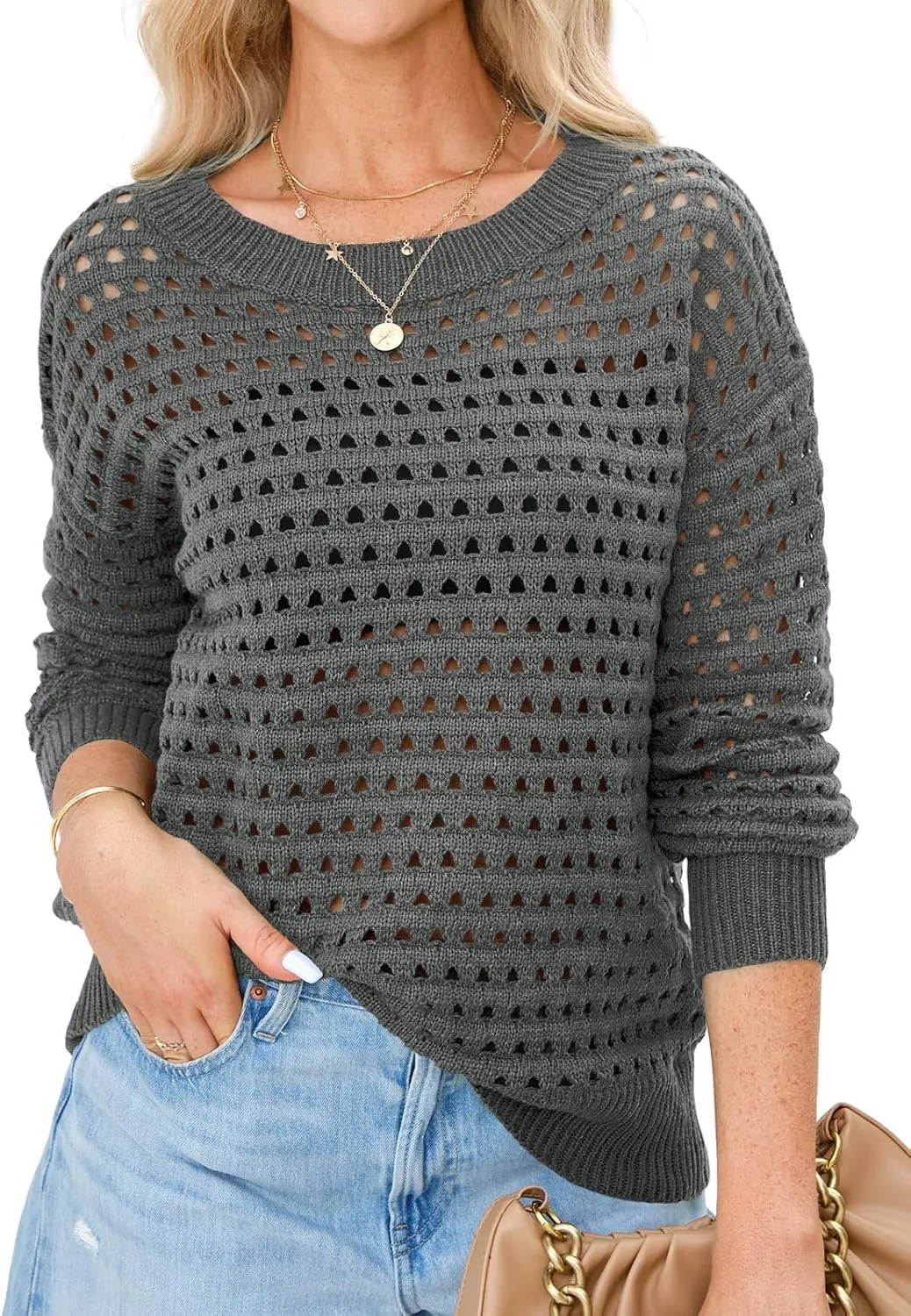Langwyqu Womens Oversized Crochet Sweaters Trendy Sexy Knit Cotton Crew Neck Long Sleeve Hollow Out Pullover Cover Ups