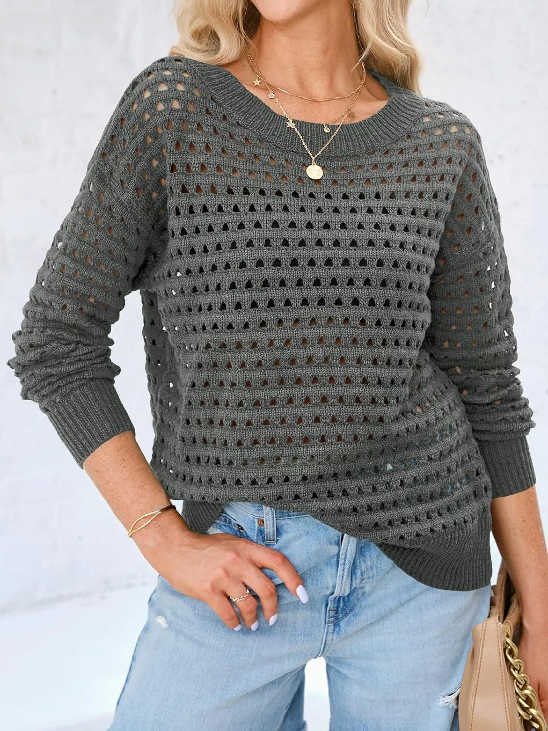 Langwyqu Womens Oversized Crochet Sweaters Trendy Sexy Knit Cotton Crew Neck Long Sleeve Hollow Out Pullover Cover Ups