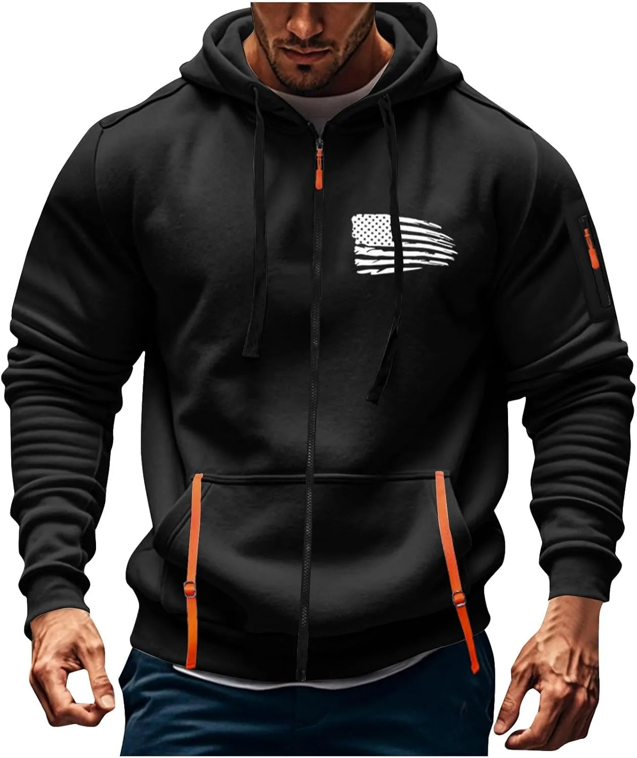Men Hoodies Full Zip Hooded Sweatshirt American Flag Long Sleeve Coats Trendy Casual Jackets with Pocket