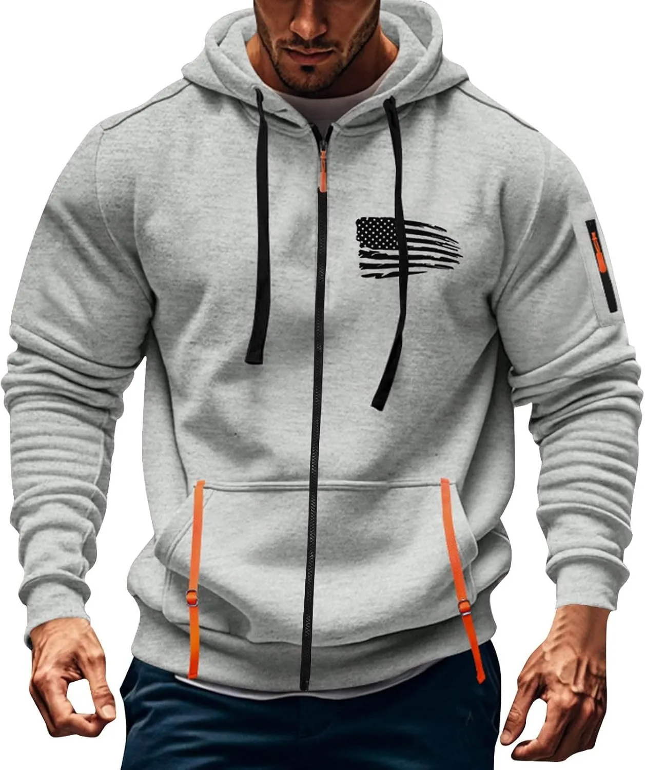 Men Hoodies Full Zip Hooded Sweatshirt American Flag Long Sleeve Coats Trendy Casual Jackets with Pocket