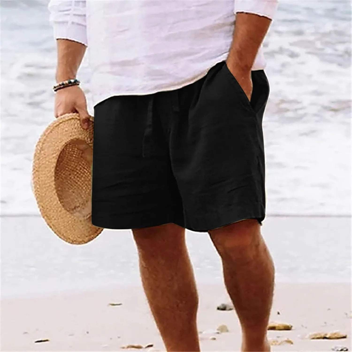 Mens Cotton Linen Shorts - White, Sleeveless, Elastic Waistband, Loose Fit, 11 Inch Inseam