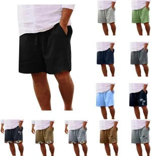 Mens Cotton Linen Shorts - White, Sleeveless, Elastic Waistband, Loose Fit, 11 Inch Inseam