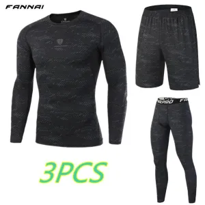 Mens Run jogging Sportswear Sports Set Long t shirt,leggings,shorts Gym outdoor workout Tights clothing 3pcs/Sets