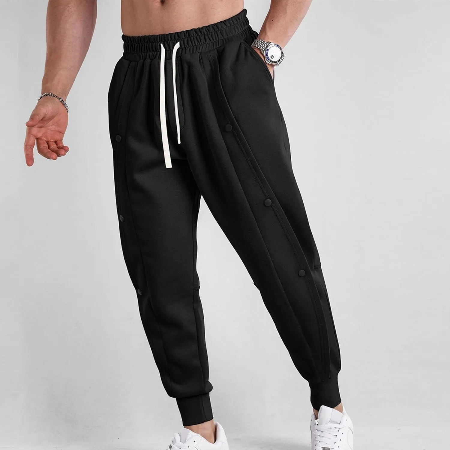 Mens Spring New Sweatpants Solid Color Drawstring Fashion Button Design Tapered Pant Tactical Holiday Outdoor Casual Trousers