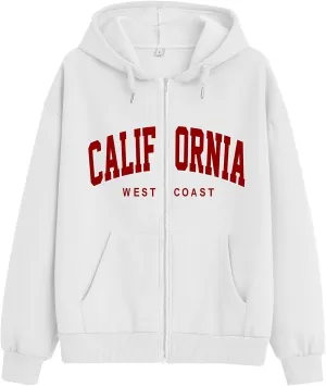 Oversized Graphic Zip Up Hoodies Vintage California Letter Print Zipper Jackets for Women Trendy Hooded Sweatshirt