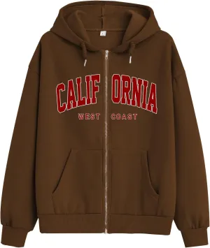 Oversized Graphic Zip Up Hoodies Vintage California Letter Print Zipper Jackets for Women Trendy Hooded Sweatshirt