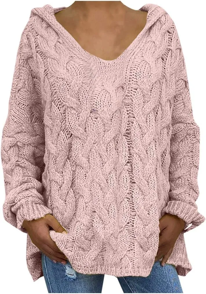 Oversized Sweater for Women, Fashion Chunky Cable Knit Hooded Sweaters Casual V Neck Hoodies Long Sleeve Pullover Tops