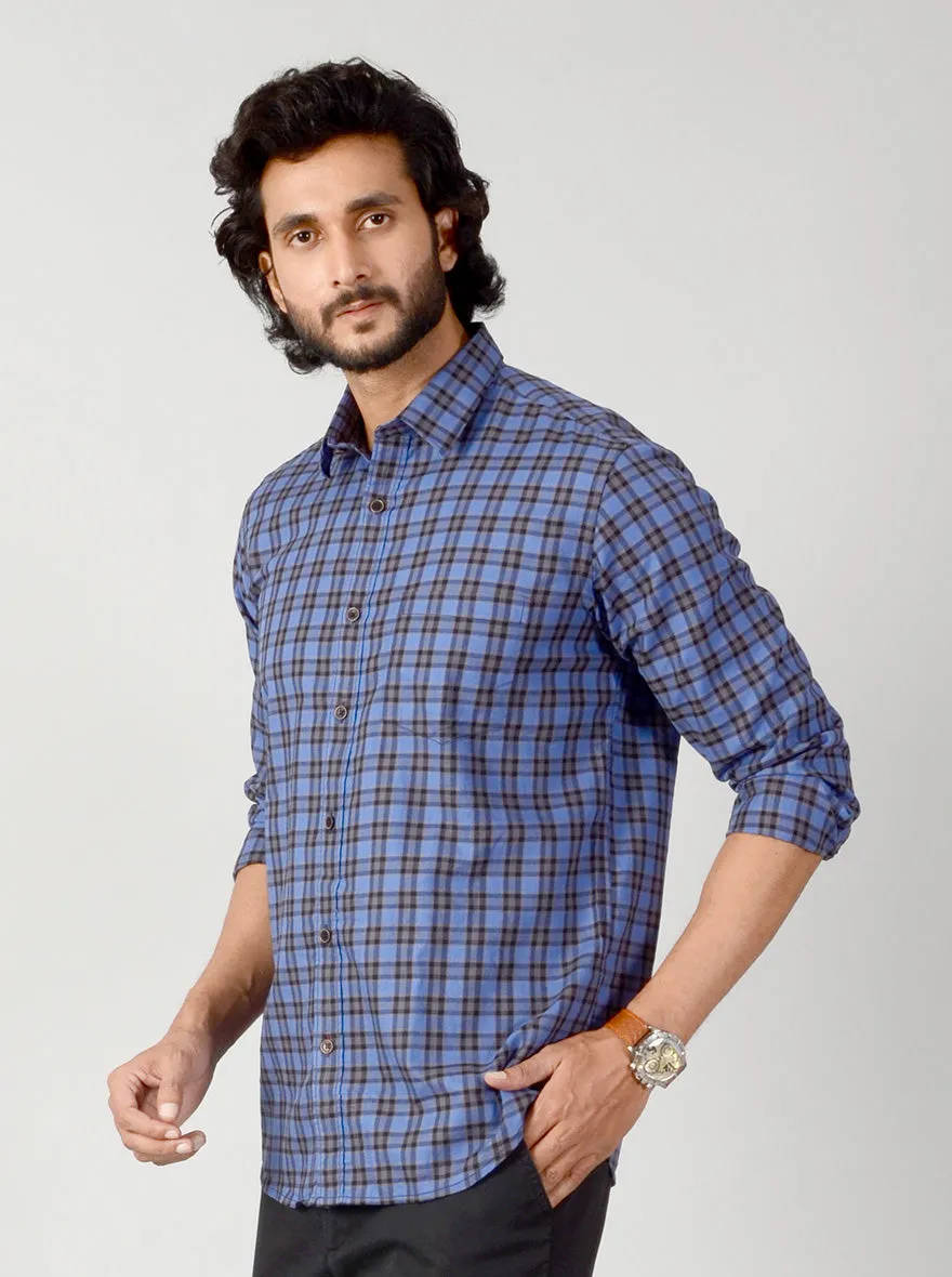 Persian Blue & Brown Checked Slim Fit Casual Shirt | JadeBlue