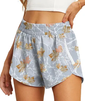 PrinStory Women's Running Shorts Summer High Waisted Quick Dry Athletic Work Out Gym Zipper Pocket Shorts with Liner