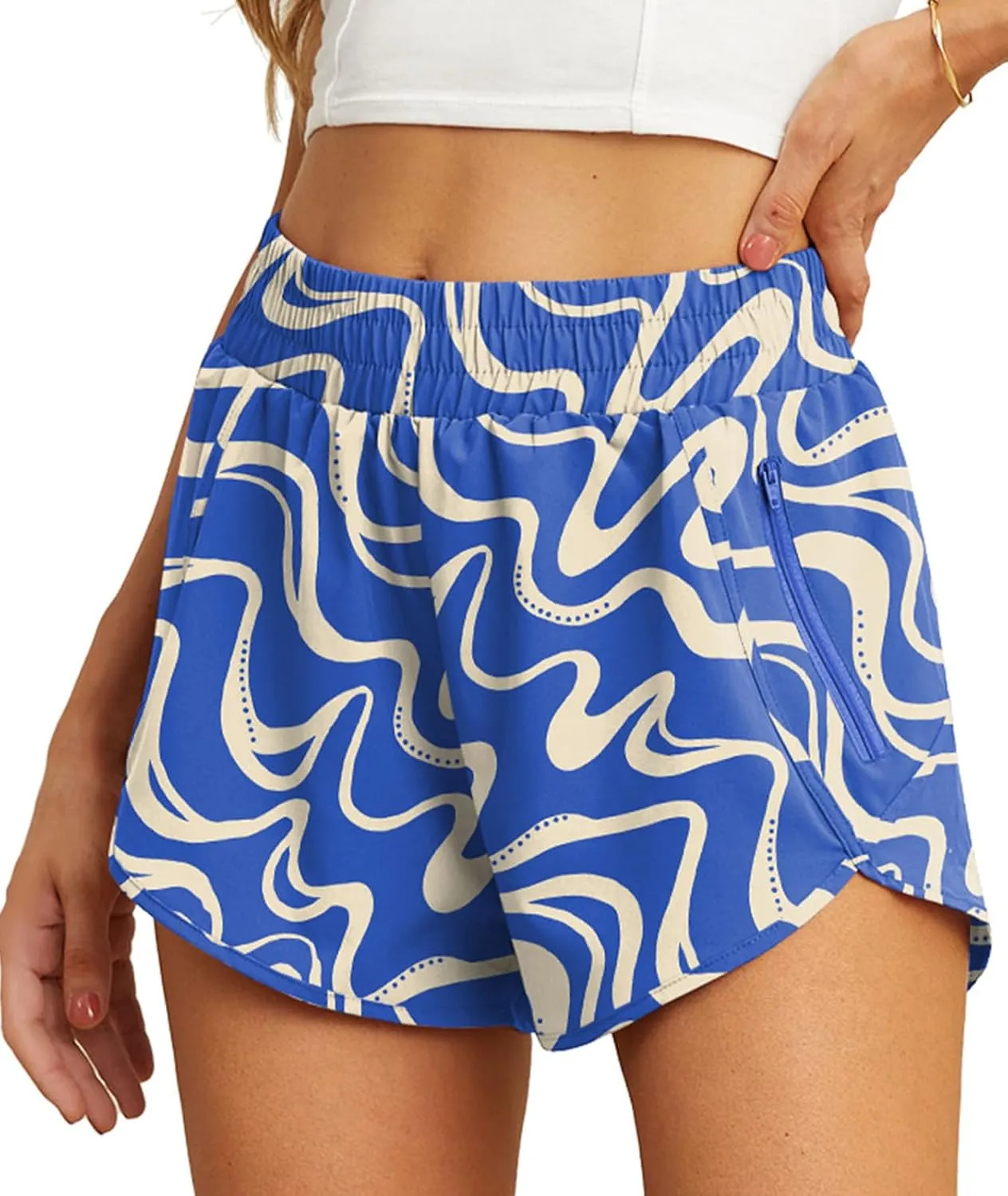 PrinStory Women's Running Shorts Summer High Waisted Quick Dry Athletic Work Out Gym Zipper Pocket Shorts with Liner