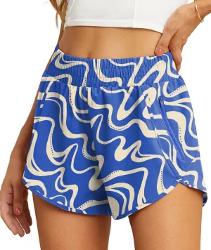 PrinStory Women's Running Shorts Summer High Waisted Quick Dry Athletic Work Out Gym Zipper Pocket Shorts with Liner