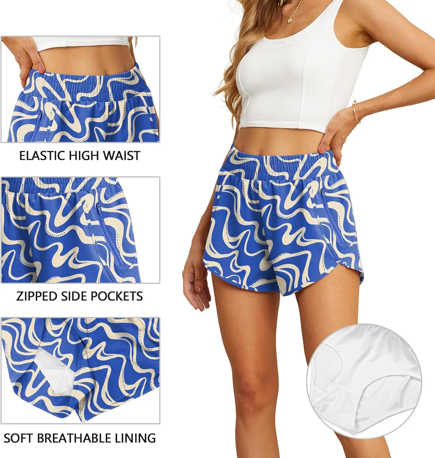 PrinStory Women's Running Shorts Summer High Waisted Quick Dry Athletic Work Out Gym Zipper Pocket Shorts with Liner