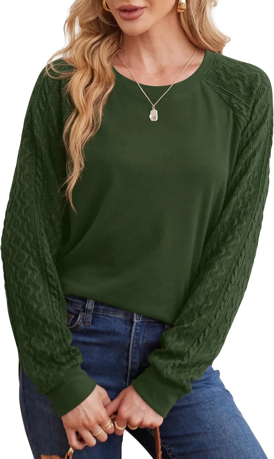 Saloogoe Sweatshirts for Women Crewneck Cable Knit Sleeve Sweaters Lightweight Fashion 2024