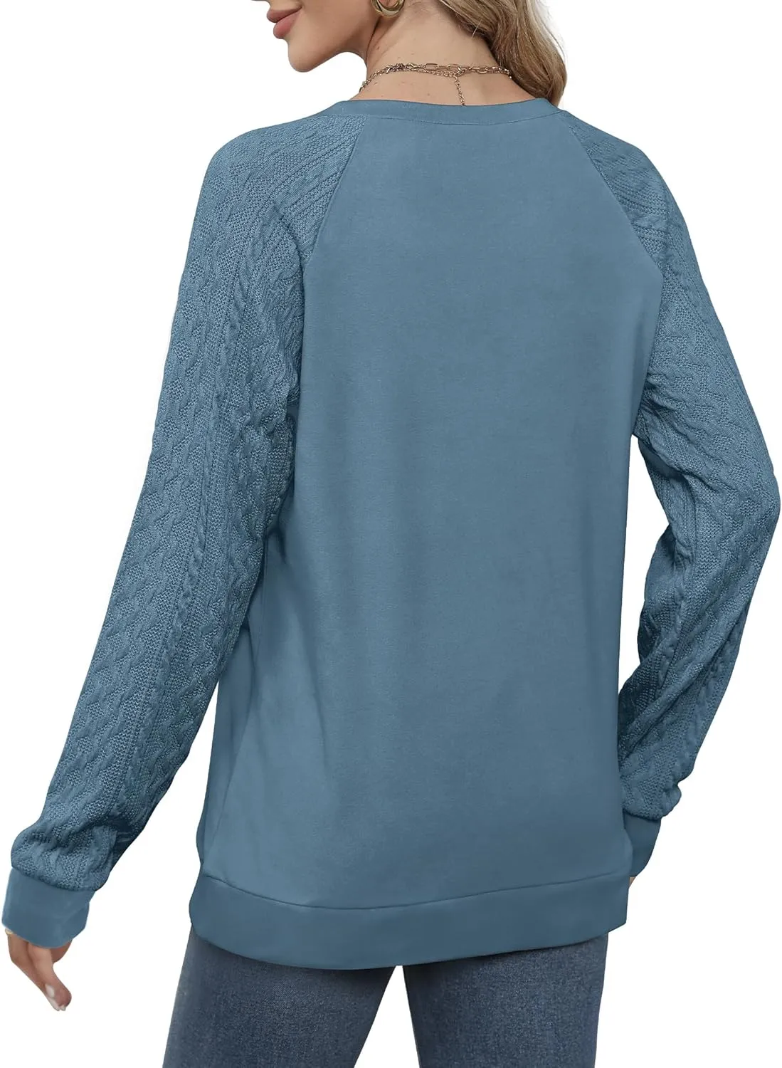 Saloogoe Sweatshirts for Women Crewneck Cable Knit Sleeve Sweaters Lightweight Fashion 2024