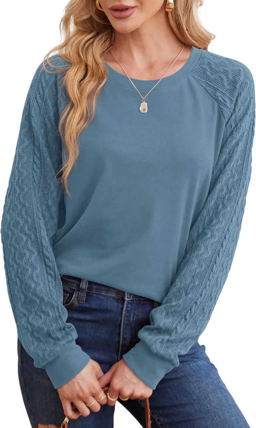 Saloogoe Sweatshirts for Women Crewneck Cable Knit Sleeve Sweaters Lightweight Fashion 2024