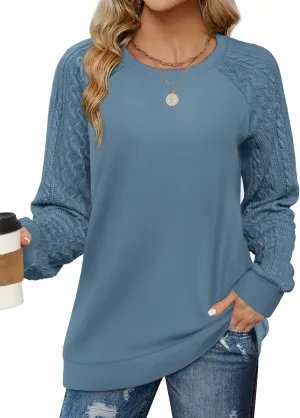 Saloogoe Sweatshirts for Women Crewneck Cable Knit Sleeve Sweaters Lightweight Fashion 2024