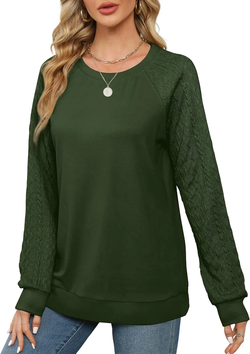 Saloogoe Sweatshirts for Women Crewneck Cable Knit Sleeve Sweaters Lightweight Fashion 2024