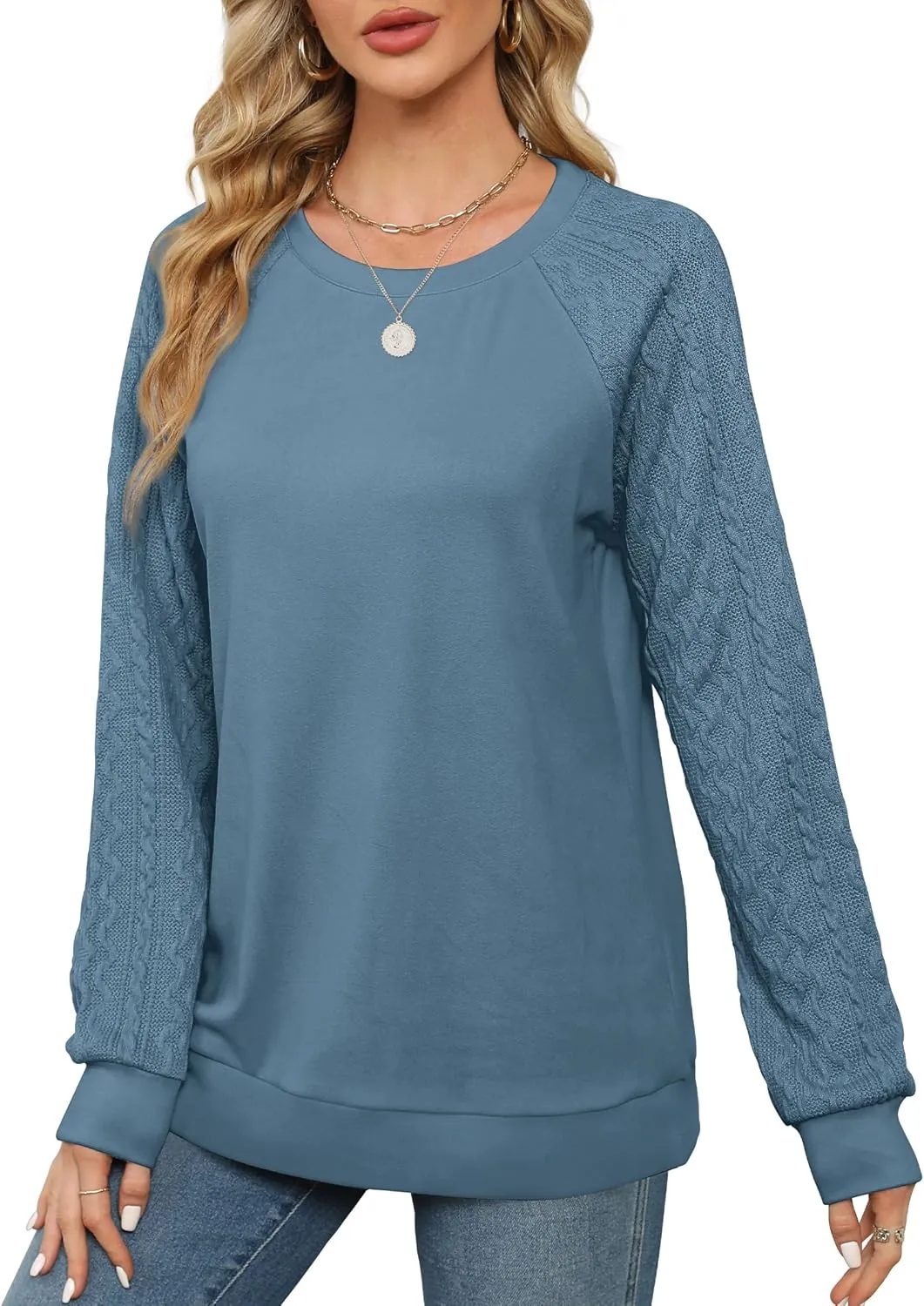 Saloogoe Sweatshirts for Women Crewneck Cable Knit Sleeve Sweaters Lightweight Fashion 2024