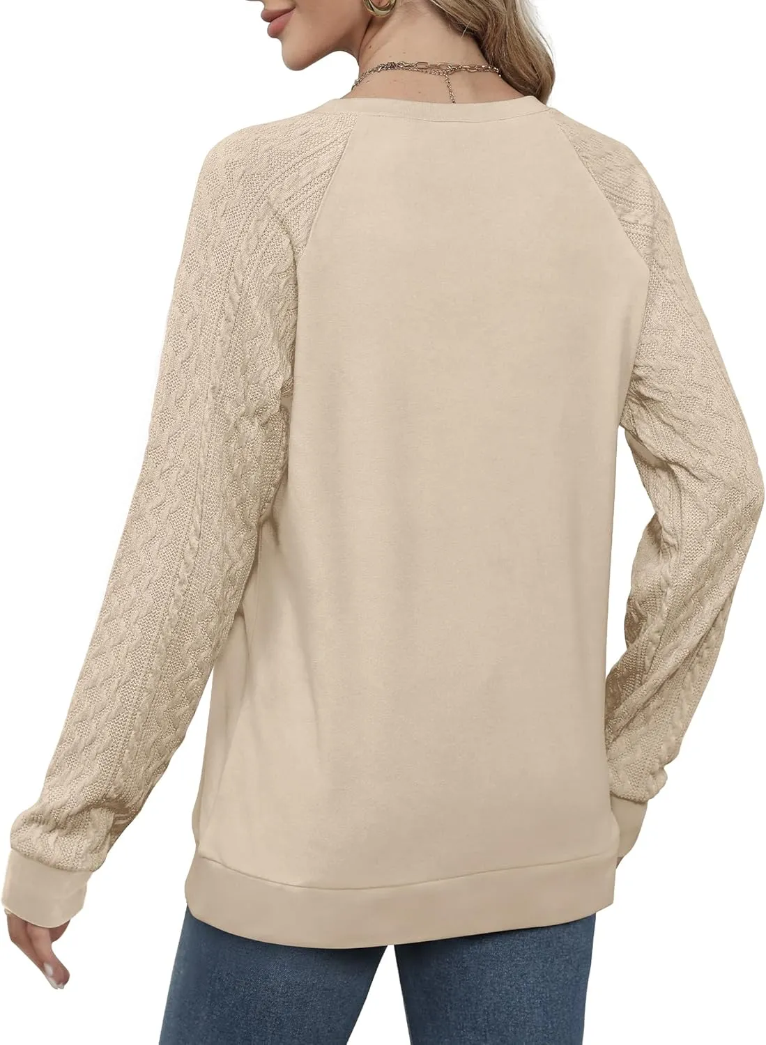 Saloogoe Sweatshirts for Women Crewneck Cable Knit Sleeve Sweaters Lightweight Fashion 2024