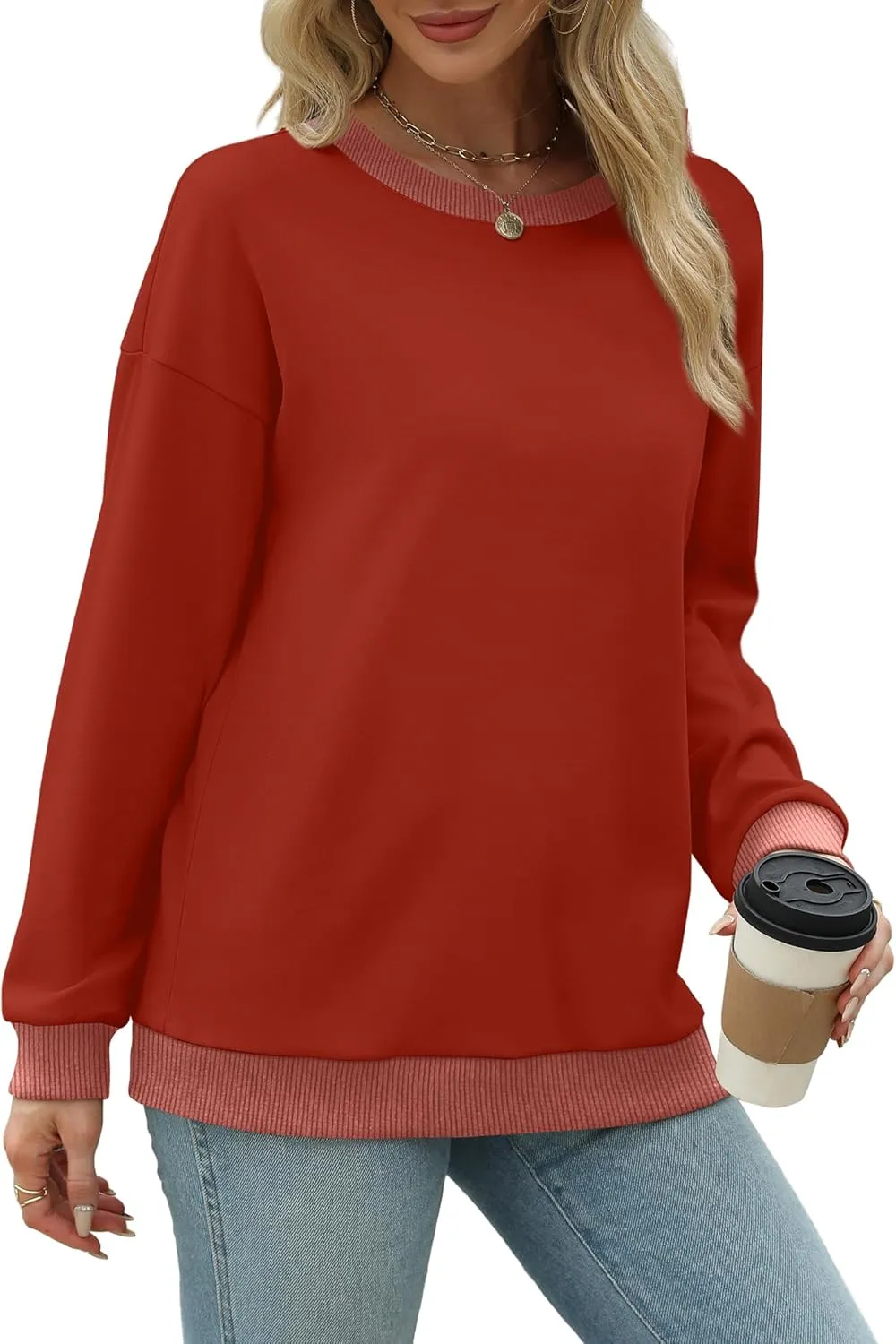 Saloogoe Sweatshirts for Women Crewneck Long Sleeve Loose Fit Tops Color Block Ribbed Trim Fashion 2024