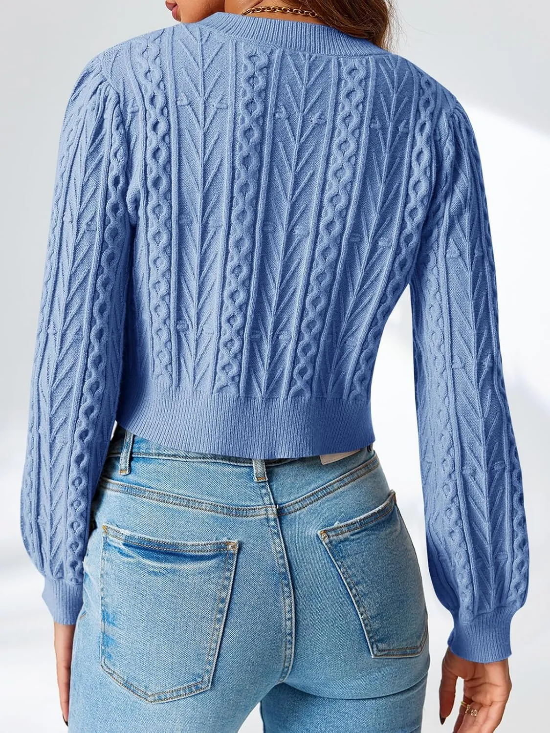 Saodimallsu Womens Cropped Cable Knit Cardigan Sweaters Long Sleeve Bow Tie Front Crew Neck Chunky Sweater Tops