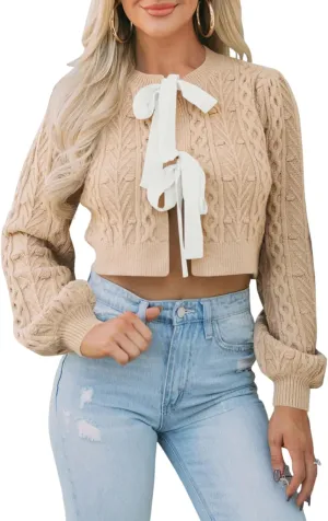 Saodimallsu Womens Cropped Cable Knit Cardigan Sweaters Long Sleeve Bow Tie Front Crew Neck Chunky Sweater Tops