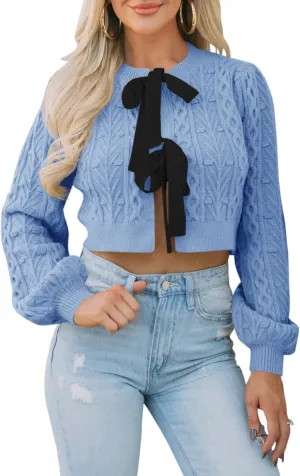 Saodimallsu Womens Cropped Cable Knit Cardigan Sweaters Long Sleeve Bow Tie Front Crew Neck Chunky Sweater Tops