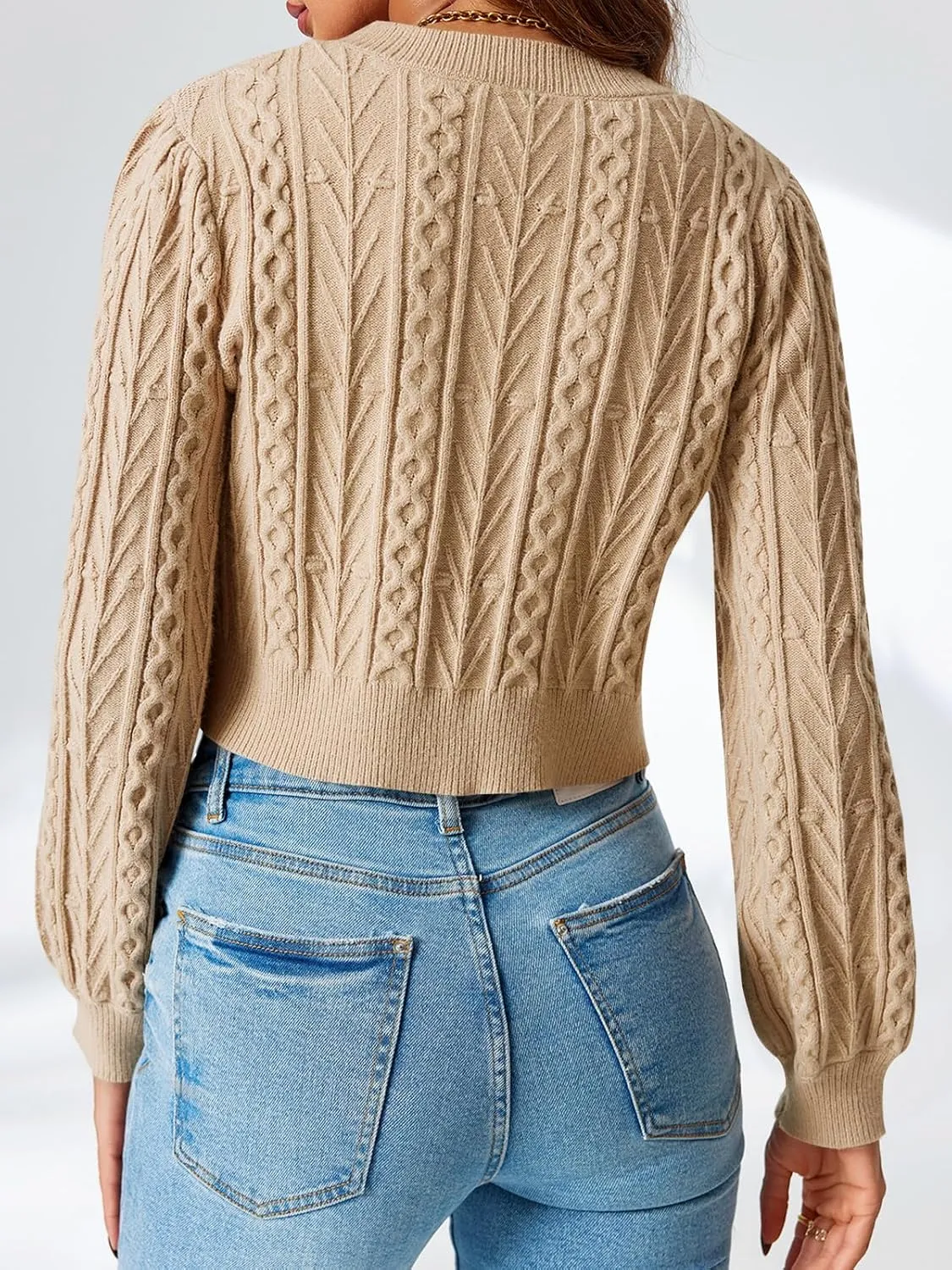 Saodimallsu Womens Cropped Cable Knit Cardigan Sweaters Long Sleeve Bow Tie Front Crew Neck Chunky Sweater Tops