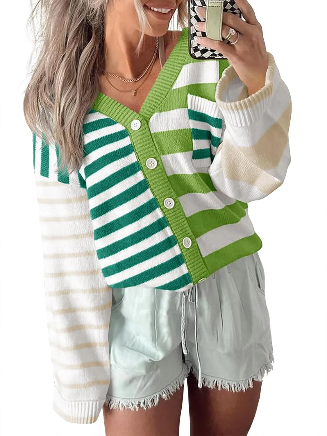 Saodimallsu Womens Striped Color Block Cardigan Sweaters V Neck Long Sleeve Button Colorful Open Front Coats