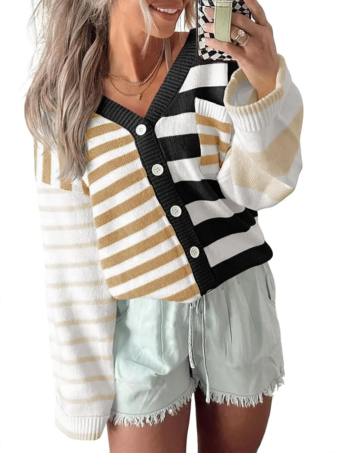 Saodimallsu Womens Striped Color Block Cardigan Sweaters V Neck Long Sleeve Button Colorful Open Front Coats