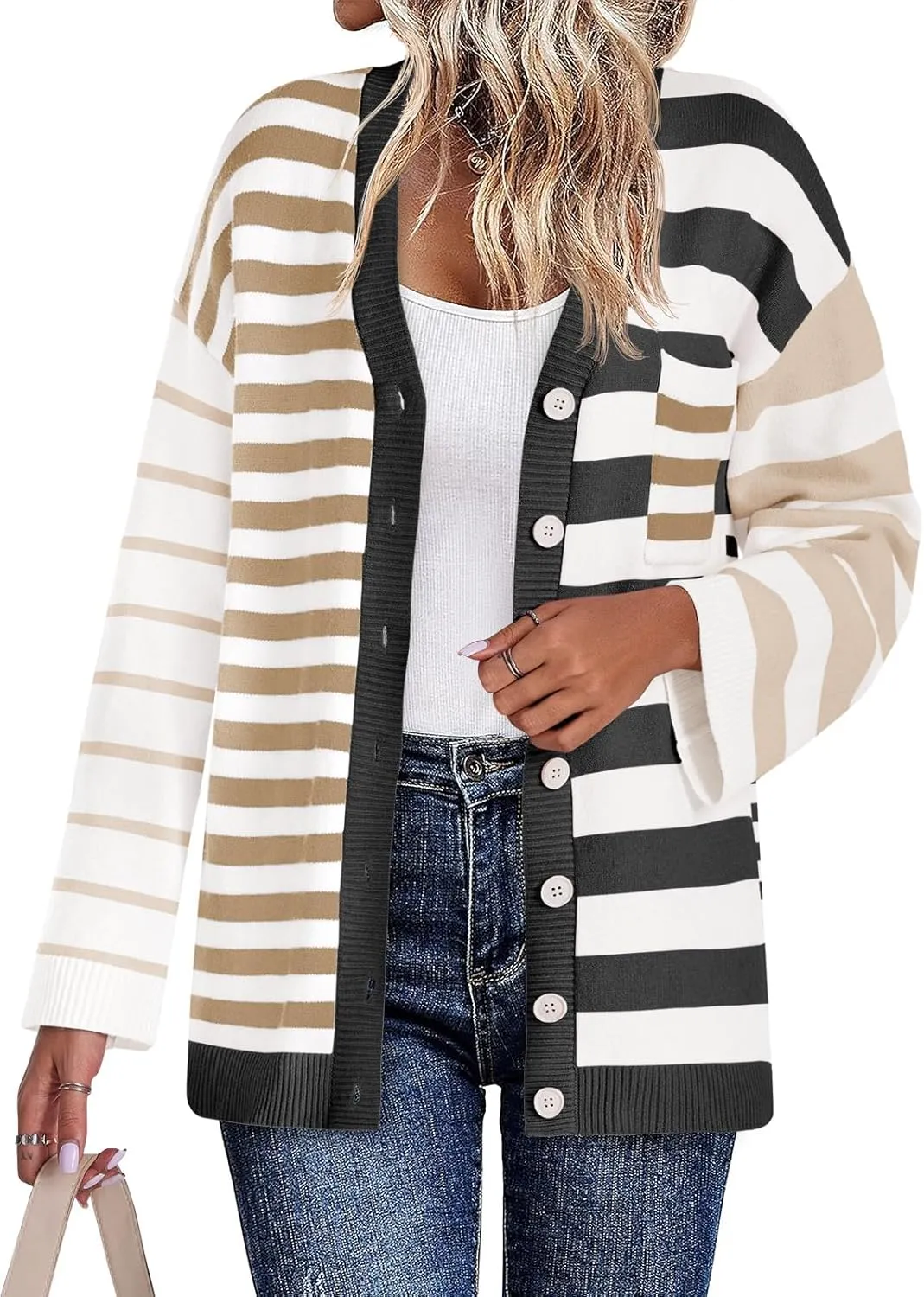 Saodimallsu Womens Striped Color Block Cardigan Sweaters V Neck Long Sleeve Button Colorful Open Front Coats