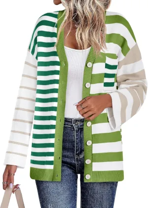 Saodimallsu Womens Striped Color Block Cardigan Sweaters V Neck Long Sleeve Button Colorful Open Front Coats